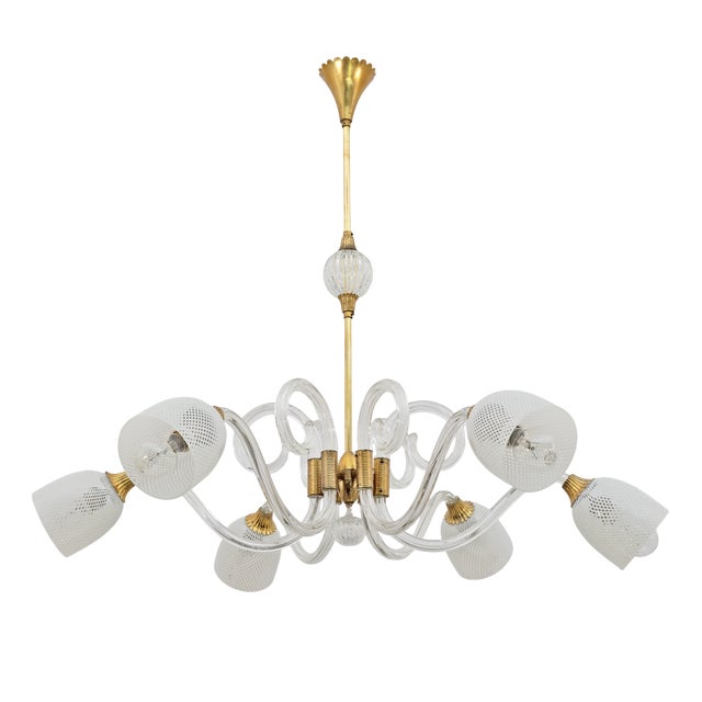 Vintage Italian Art Deco Murano Glass and Brass Chandelier by Ercole Barovier, 1935s For Sale