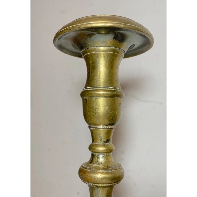 Rare Pair Primitive Antique 18th Century Turned Brass Candlestick Candle Holder For Sale - Image 9 of 11