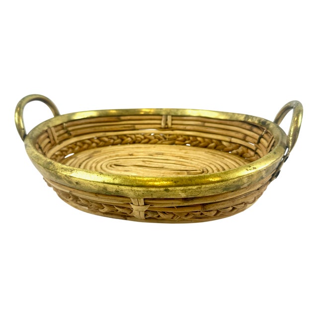 Italian Rattan and Brass Basket Centerpiece, 1960s For Sale