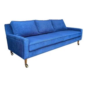 Mid Century Modern Sofa Reupholstered Blue Corduroy on Casters Possibly Selig