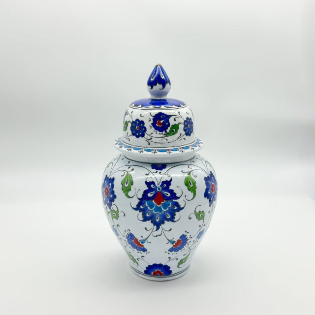 Handmade Ceramic Lidded Jar (20cm) Blue and Turquoise Floral Ginger Vase Kupecik For Sale - Image 6 of 8