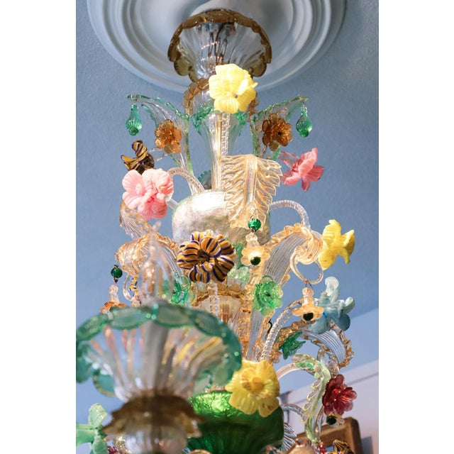 Green Vintage Venetian Murano Hand Crafted Green Glass and Flowers Chandelier, 1960s For Sale - Image 8 of 9