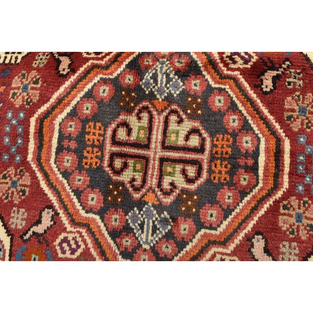 Textile Shiraz Rug 3'5'' X 4'10'' Red Wool Vintage Tribal Hand-Knotted Oriental Carpet For Sale - Image 7 of 12