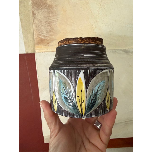 Coffee Vintage Italian Tobak Jar With Cork Lid | Mid-Century Modern Pottery Tobacco Canister | Hand-Painted Foliage Motif For Sale - Image 8 of 12