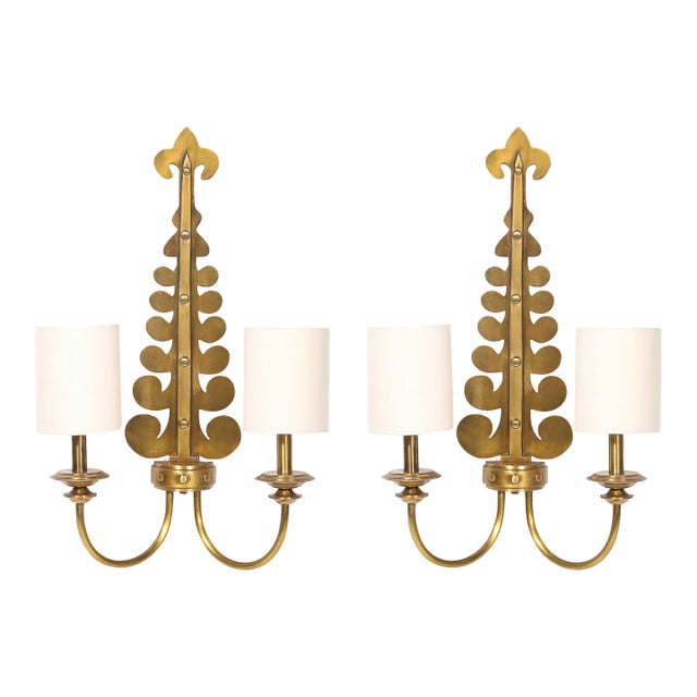 Mid 20th Century Mid-Century Modern Brass Two-Arm Sconces W/ Sculptural Volute Motif - a Pair For Sale