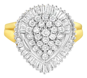 10K Yellow Gold 1.0 Cttw Round and Baguette Cut Diamond Oval Shaped Cluster Ring (I-J Color, I1-I2 Clarity) - Size 6