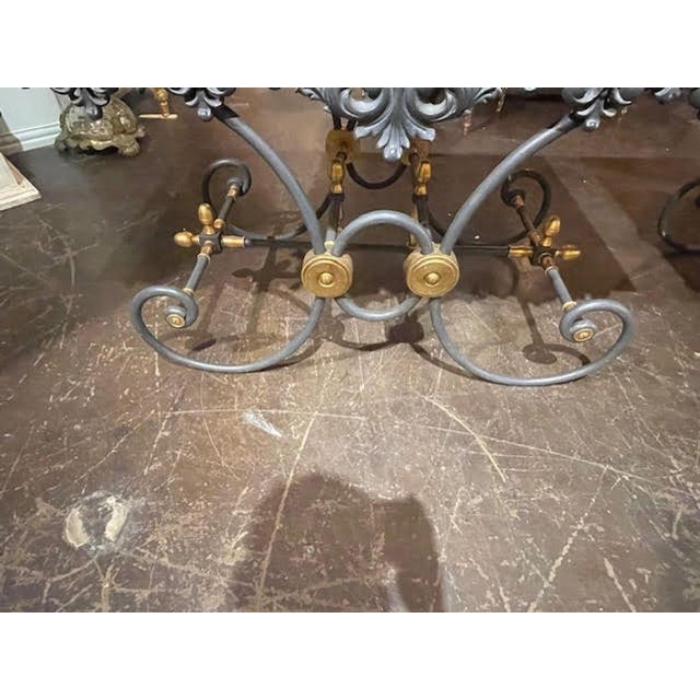 Black ﻿ French Steel and Bronze Bakers Tables With Original Grey Marble Tops For Sale - Image 8 of 10
