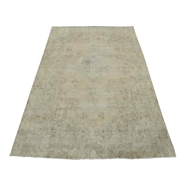 Tabriz Rug 7’5” X 10’8” Beige Wool Vintage Distressed Hand-Knotted Carpet For Sale