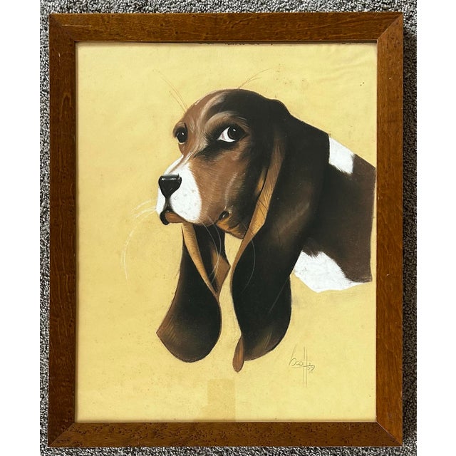Vintage 1959 framed portrait of a beagle dog. Signed and dated to the lower right. In original wood frame.