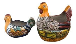 Vintage Mexican Talavera Pottery Chicken Hen Rooster Planters - Set of 2