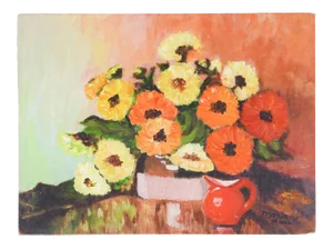 Mid Century Floral Still Life Painting in Orange & Yellow