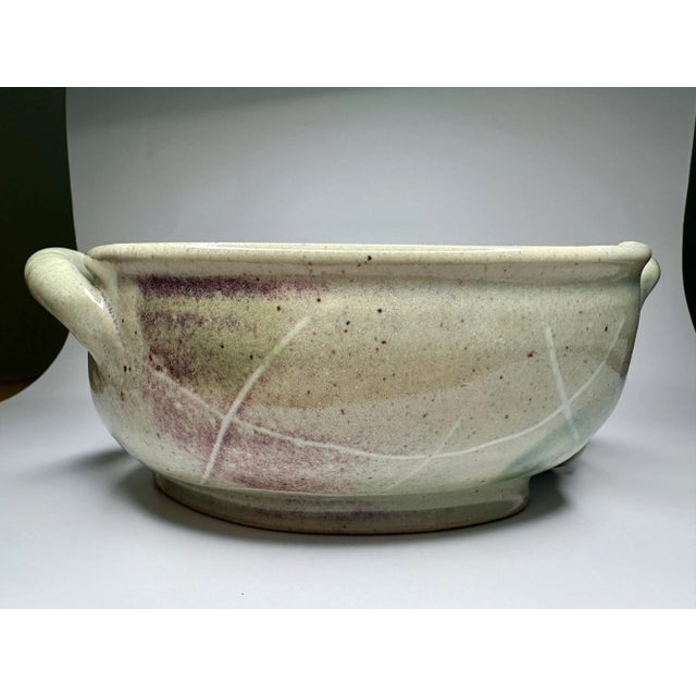 Abstract Studio Art Pottery Decorative Bowl in Pistachio Green and Plum For Sale In Houston - Image 6 of 10