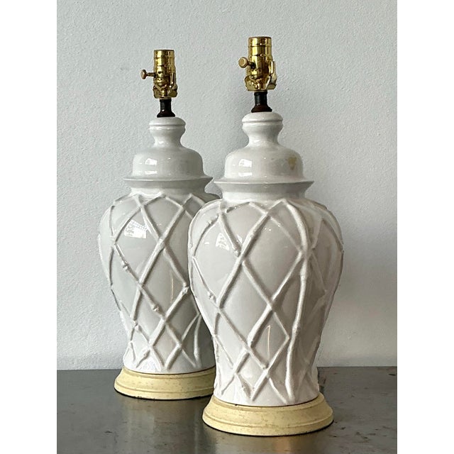 Vintage Glazed Ceramic Trellis Lamps - A Pair For Sale - Image 11 of 12