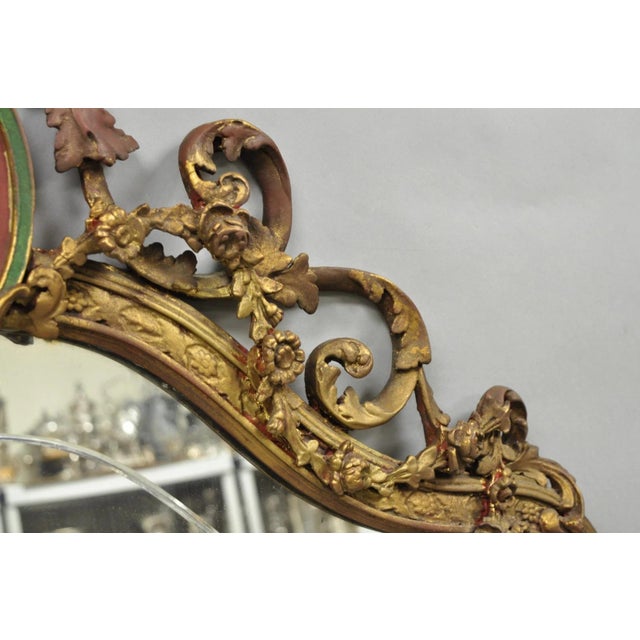 Gold Antique French Neoclassical Baroque Gold Gilt Gesso Red Glass Frame Wall Mirror For Sale - Image 8 of 18
