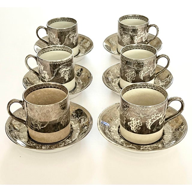 Art Nouveau Antique Wedgewood Platinum Resist Demitasse Set Six Cups and Saucer’s Grapevine Pattern. Wedgewood Etruria C. 1900 For Sale - Image 3 of 9