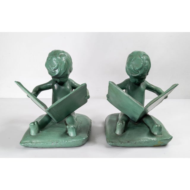 Metal Early 20th Century Art Deco Pair of Verdigris Green Bookends of Girls Reading Attributed to FrankArt For Sale - Image 7 of 16