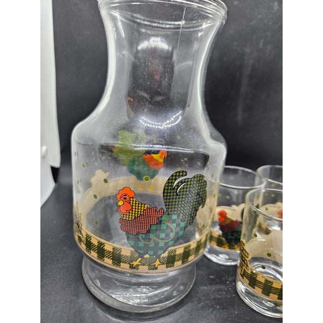 Vintage Anchor Hocking "Rooster Morn" Juice Decanter and Matching Juice Glasses Set.