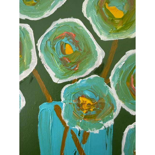 2020s Modern Abstract Floral Acrylic Painting – Teal Flowers on Green Canvas For Sale - Image 5 of 8