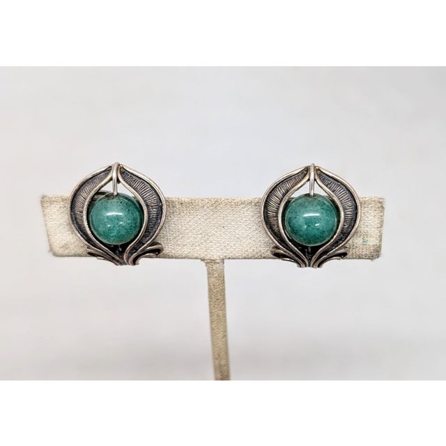 Mid-Century Modern Vintage Signed Napier Sterling Silver Faux-Jade Clip Earrings-2 Pieces For Sale - Image 3 of 7