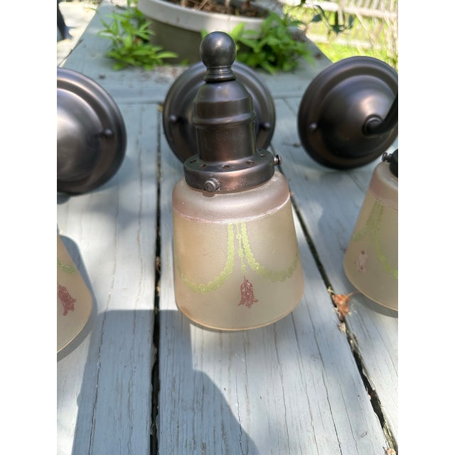 Metal Antique Brass Sconces With Vintage Glass Shades - Set of Three For Sale - Image 7 of 7