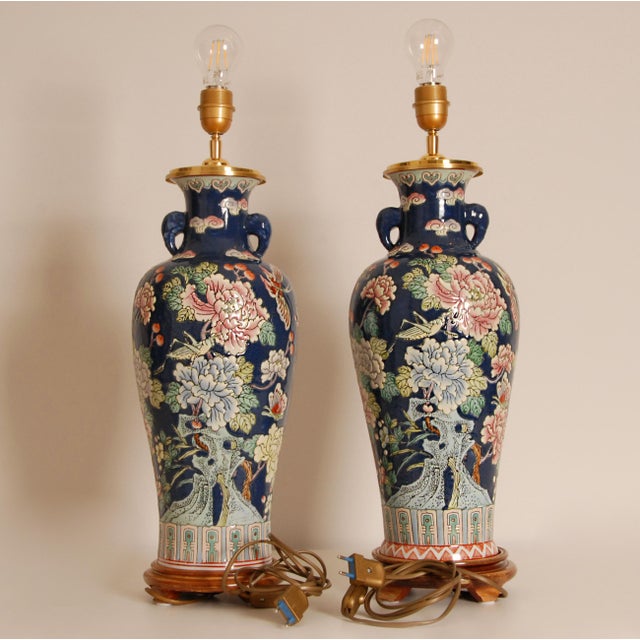 Asian Style Famille Rose Vase Lamps Chinese Porcelain Blue Fond Oriental Table Lamps - A Pair For Sale - Image 4 of 14