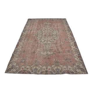 Vintage Distressed Anatolian Area Rug, Faded Terracotta and Grey-Blue Floral Medallion For Sale