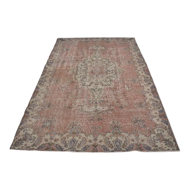 Vintage Distressed Anatolian Area Rug, Faded Terracotta and Grey-Blue Floral Medallion For Sale