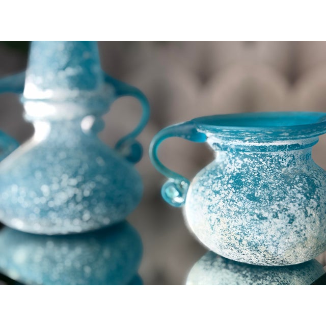 Art Nouveau Vintage Greek-Style Italian-Style Blue Textured “Seguso Scavo”-Style Art Glass Vases - Set of 2 For Sale - Image 3 of 9