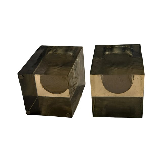 1970s Vintage Modern Smoky Resin Cube Candle Holders Pair Minimalist Architectural Design For Sale - Image 5 of 7