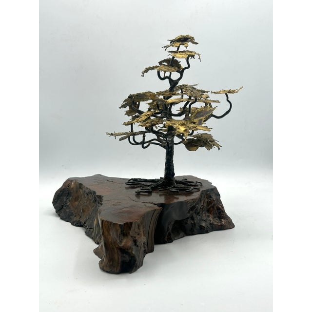 Mid-Century Brutalist Gilt Bronze Bonsai Tree Sculpture on Burl Wood Basee For Sale - Image 4 of 18