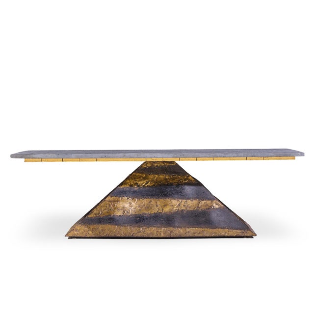 Paul Evans Mid Century Welded Enameled Steel, Gold Leaf and Slate Coffee Table This coffee table measures: 60 wide x 24...