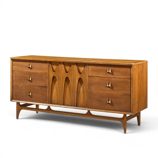 Mid-Century Modern Broyhill Brasilia Mid Century Walnut and Brass 9 Drawer Lowboy Dresser For Sale - Image 3 of 11