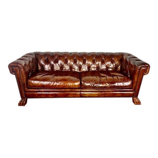 Chesterfield Style Leather Tufted Sofa W/ Carved Paw Feet For Sale