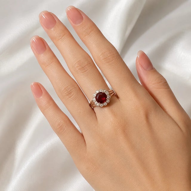 Exquisite 18K white gold and platinum antique ring featuring a 1.5 carat natural round garnet surrounded by numerous...