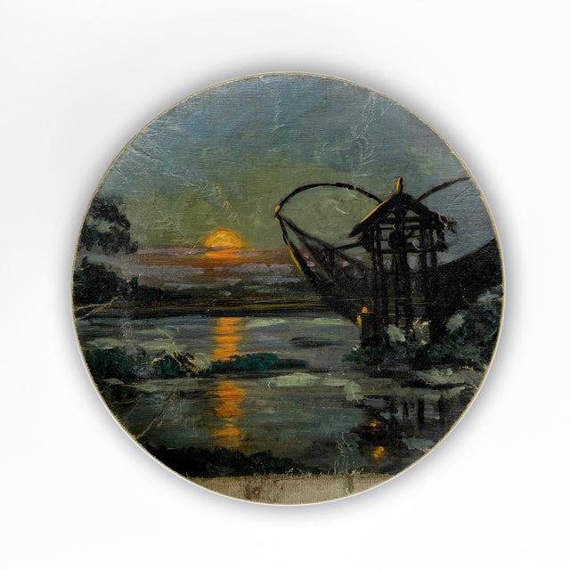 Textile Wall Art Installation: Composition of Ceramic Plates and Oil on Canvas - "Tropical Moonlight" - Set of 5 For Sale - Image 7 of 11