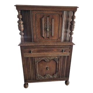 1920s Jacobean Revival Style Oak Hutch Cabinet For Sale