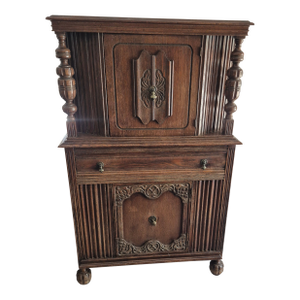 1920s Jacobean Revival Style Oak Hutch Cabinet