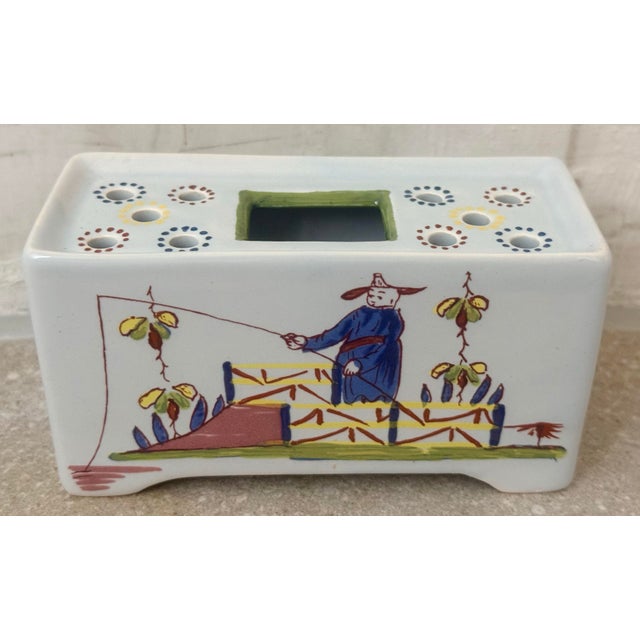 Vintage Williamsburg Restoration Chinoiserie Delft Flower Brick, Frog Produced in Holland, Featuring Hand-Painted Chinese Fishing Scenes For Sale - Image 11 of 12