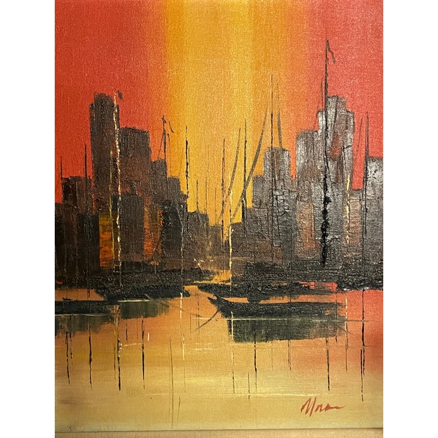 Wonderfull bright color sunset with buildings on the bay - Signed by the artist lower right corner - Oil on canvas In very...