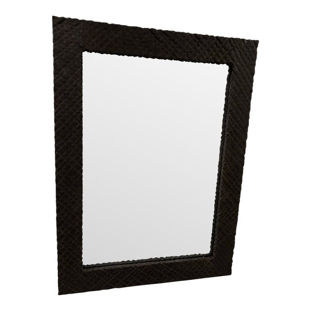 Hand-Carved Wooden Black Mirror Frame Featuring a Textured Pattern For Sale