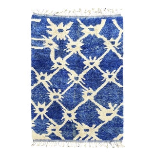 Blue and Ivory Hand-Knotted Moroccan Mrirt Rug, 2010s For Sale