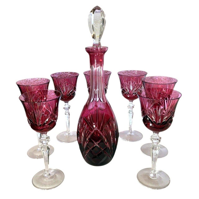 Glass Late 20th Century Nachtmann Nierstein Cranberry Red Cut Crystal Decanter 7 Wine Goblets - 8 pcs For Sale - Image 7 of 9