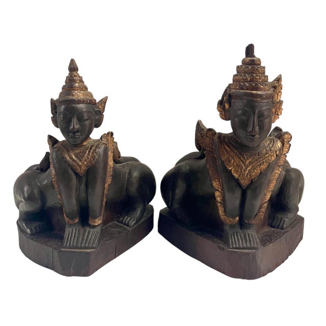 Early 20th Century Mythical Burmese Folklore Buddahist Carved Gold Gilt Burma Guardian Lion Statues For Sale - Image 5 of 10