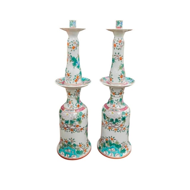 Late 19th Century Pair of 24 Inches Chinese Famille Rose Porcelain Candlesticks For Sale - Image 5 of 5