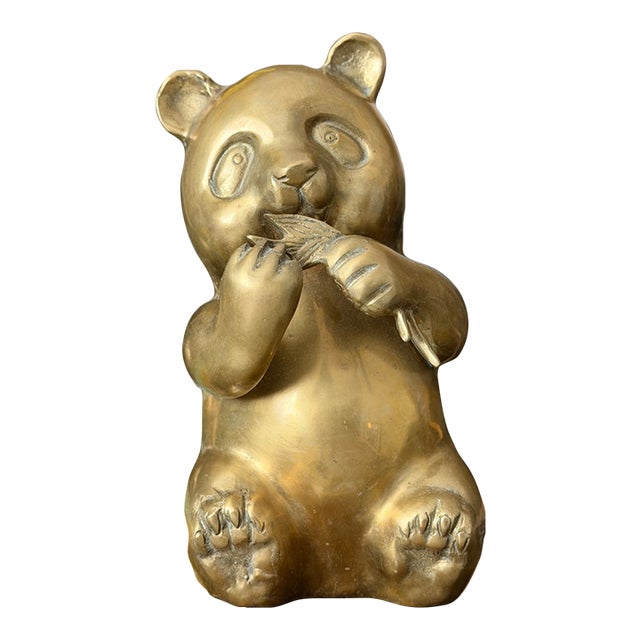 Vintage Brass Bronze Lucky Bamboo Panda Statue Sculpture Figure For Sale