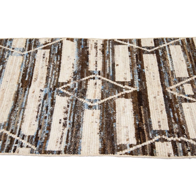 2020s Modern Moroccan Style Handmade Geometric Beige & Brown Wool Runner For Sale - Image 5 of 7