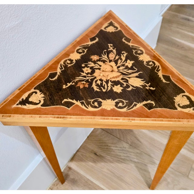 Neoclassical Vintage Italian Sorrento Marquetry Triangular Accent Table For Sale - Image 3 of 8