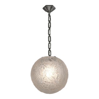 Grand Hettier & Vincent French Art Deco Floral Birds Glass Pendant Light 1930s For Sale