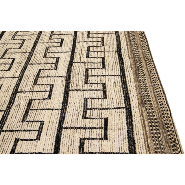 Beige Modern Moroccan Style Handmade Black Boho Pattern Wool Rug For Sale - Image 4 of 9
