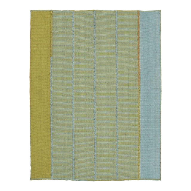 Rug & Kilim’s Custom Contemporary Rez Kilim in Green and Blue Stripes For Sale